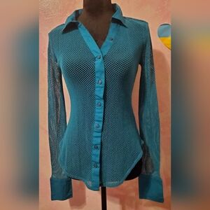 Free People Teal Mesh Button-Up Blouse